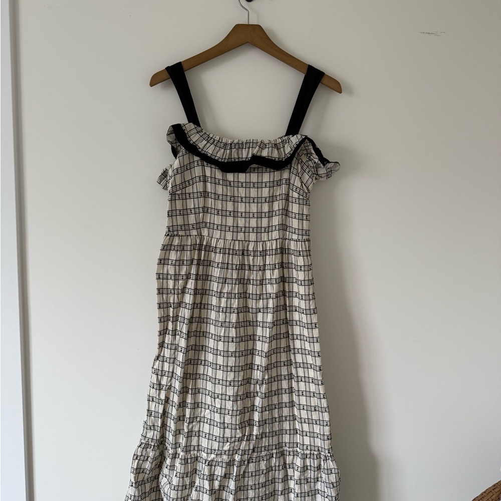 LOFT White and Gray Ruffled Tiered Midi Sundress